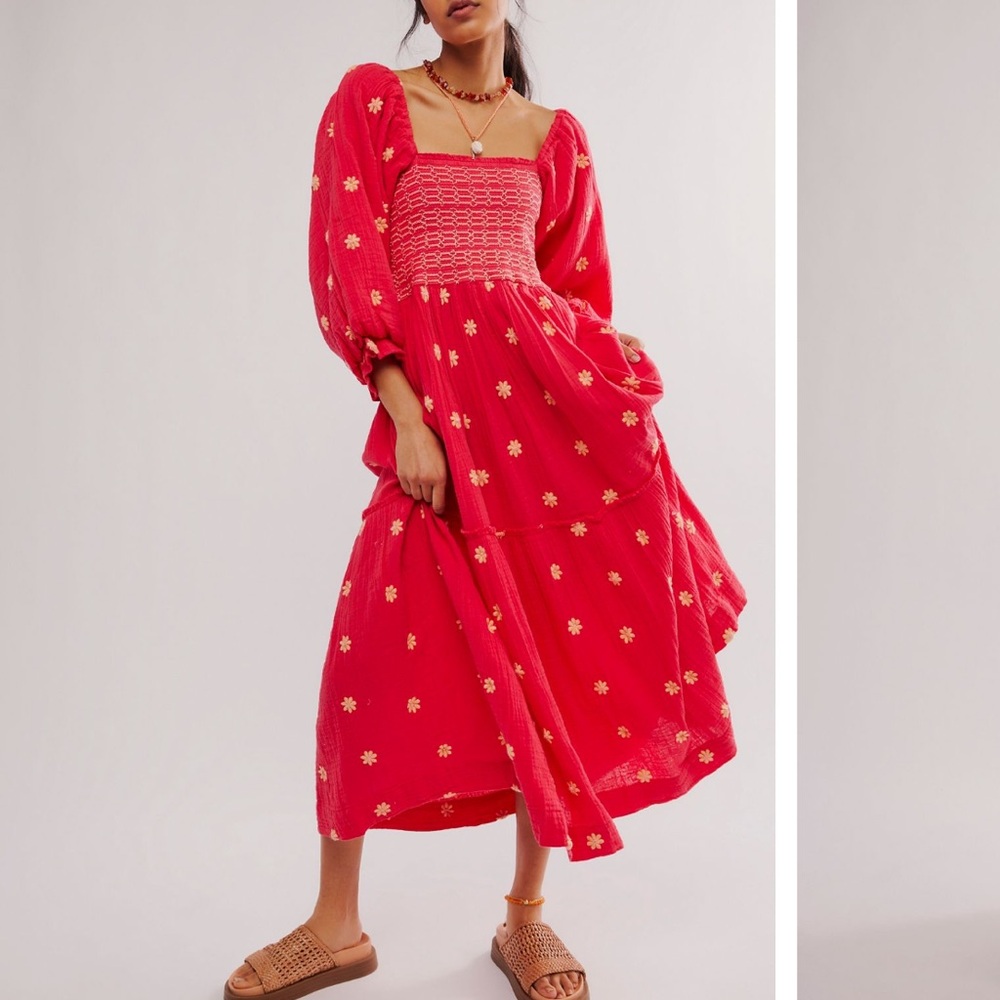 NWT Free People Dahlia Embroidered Maxi Dress, Watermelon Wedge, XS